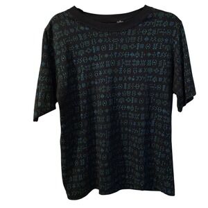 Vintage Pasta All Over Print Tribal Symbol T-Shirt Black Teal Green Mens Medium